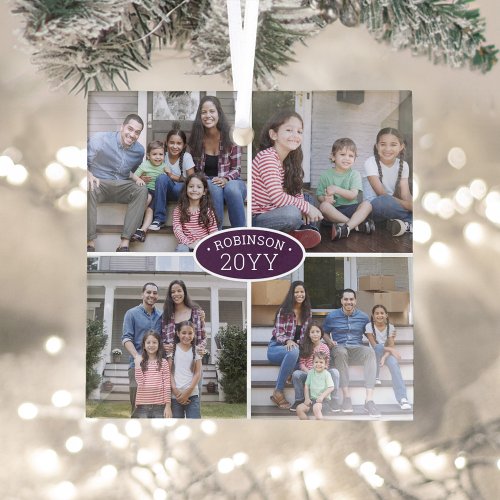 4 Photo Collage Family Name  Year Purple  White Glass Ornament