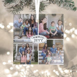 4 Photo Collage Family Name & Year Simple White Glass Ornament<br><div class="desc">Celebrate the simple joys of the holidays with a custom 4 photo collage black and white square glass ornament. All text and pictures on this template are simple to personalize. (IMAGE PLACEMENT TIP: An easy way to center a photo exactly how you want is to crop it before uploading to...</div>