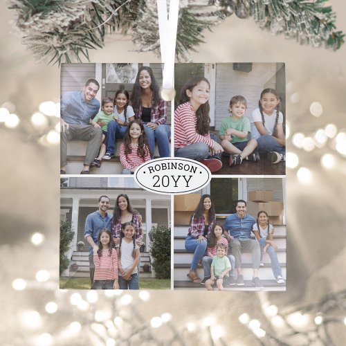 4 Photo Collage Family Name  Year Simple White Glass Ornament
