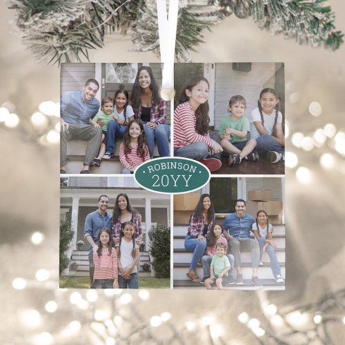 4 Photo Collage Family Name  Year Teal  White Glass Ornament
