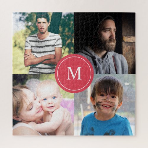 4 Photo Collage Family Pictures Monogram Red Jigsaw Puzzle