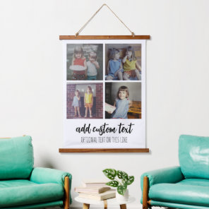 4 Photo Collage - Family Text On Bottom - White Hanging Tapestry