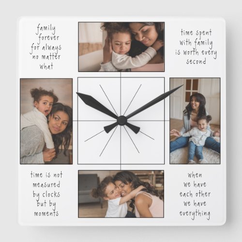 4 Photo Collage Family Time Togetherness Quotes Square Wall Clock