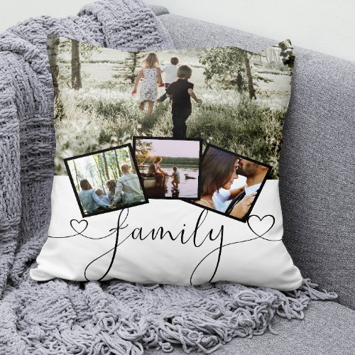 4 Photo Collage Family Typography Personalized Throw Pillow