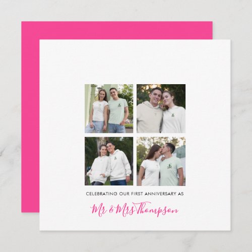 4 photo collage First Anniversary Custom Pink Card