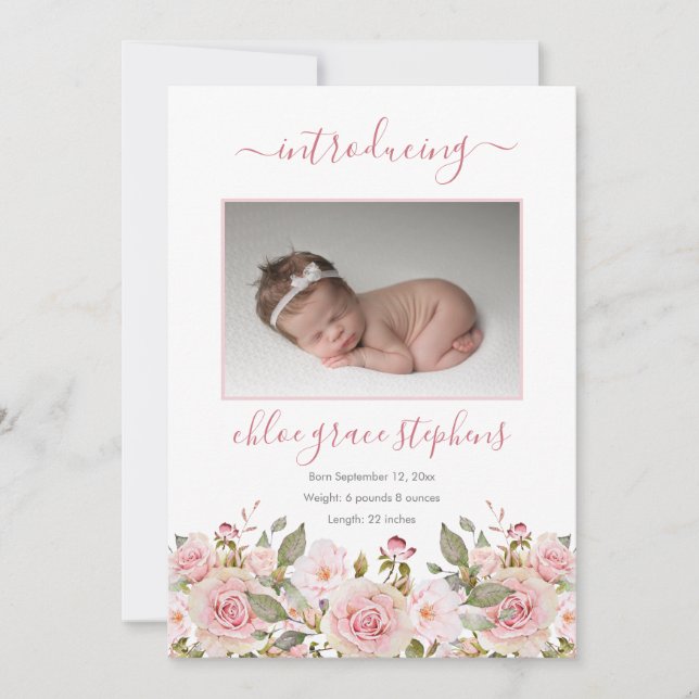 4 Photo Collage Floral Girl Birth Announcement (Front)