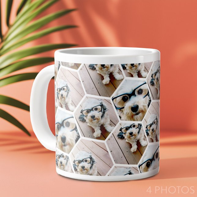 4 Photo Collage - funky hexagon pattern Giant Coffee Mug (4 photo personalized coffee mug - funky hexagon pattern)