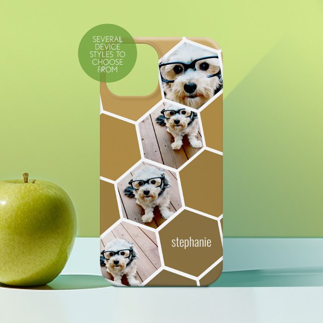 4 Photo Collage - funky hexagon pattern gold Case-Mate iPhone Case (Personalized Phone Case with Custom Photos and Text - Choose a Device Style)