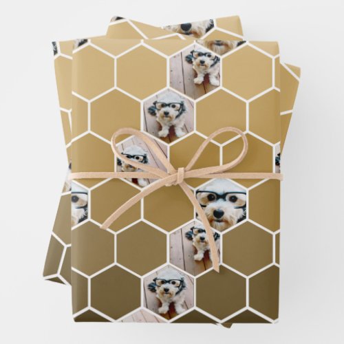 4 Photo Collage _ funky hexagon pattern gold Wrapp Wrapping Paper Sheets