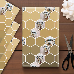 4 Photo Collage - funky hexagon pattern gold Wrapp Wrapping Paper Sheets