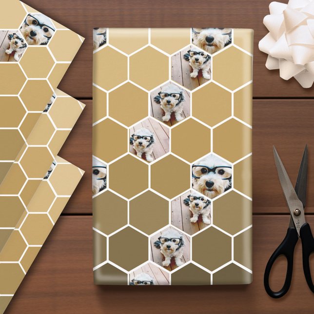4 Photo Collage - funky hexagon pattern gold Wrapp Wrapping Paper Sheets (Custom Photo Wrapping Paper)