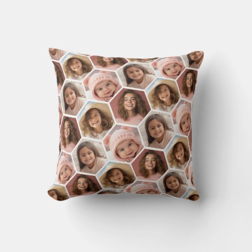 4 Photo Collage _ funky hexagon pattern white Throw Pillow