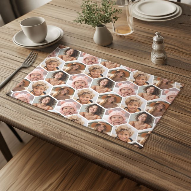 4 Photo Collage - funky honeycomb hexagon pattern Cloth Placemat (Custom Cloth Placemat)