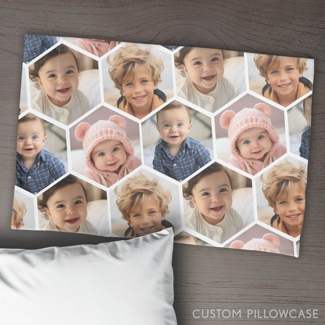 4 Photo Collage - funky honeycomb hexagon pattern Pillow Case (Custom Pillowcase with Photo Collage)