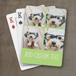 4 Photo Collage - funky text can change lime green Poker Cards