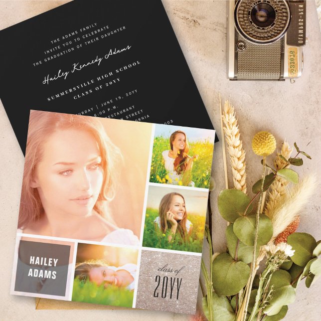 4 Photo Collage Glitter Squares Graduation Party Invitation (Creator Uploaded)
