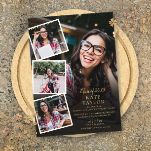 4 Photo Collage Gold Graduation Party Acrylic Invitations