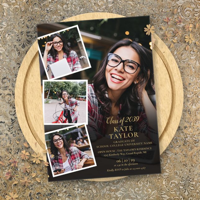4 Photo Collage Gold Graduation Party  Acrylic Invitations (4 Photo Collage Gold Graduation Party Acrylic Invitations)