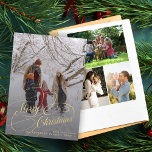 4 photo collage gold Merry Christmas script Holiday Card<br><div class="desc">Elegant faux gold script overlay 4 custom multi photo family name and text personalized Christmas holiday card.</div>