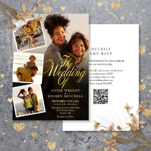 4 Photo Collage Gold Script QR Code Wedding Invitation