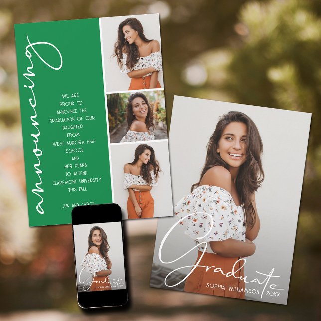 4 Photo Collage Graduation Green Announcement (Green graduation photo announcements)