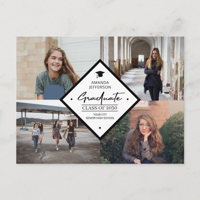 4 photo collage graduation modern elegant script a announcement postcard (Front)