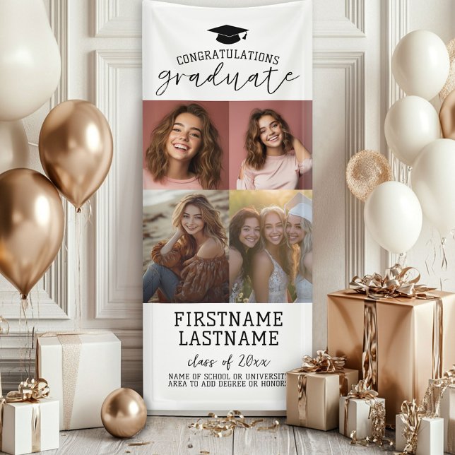 4 Photo Collage Graduation Modern Minimal White Banner (Custom Graduation Photo Banner - Great backdrop and Graduation Party Decoration)