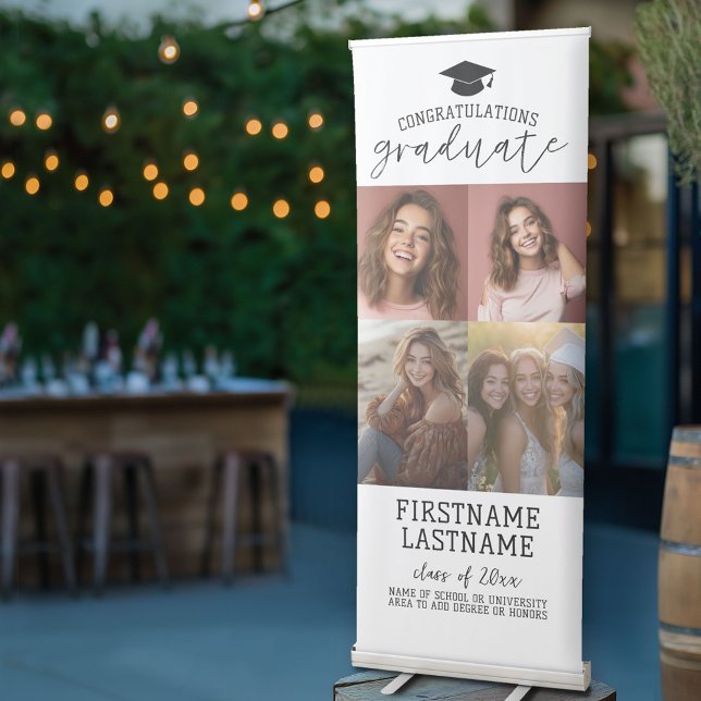 4 Photo Collage Graduation Modern Minimal White Retractable Banner (Custom Graduation Banner Stand - Photo Collage with Modern Black and White Design)