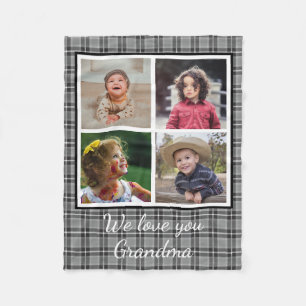 4 Photo Collage Gray Buffalo Plaid Grandma Fleece Blanket