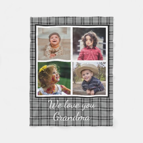 4 Photo Collage Gray Buffalo Plaid Grandma Fleece Blanket