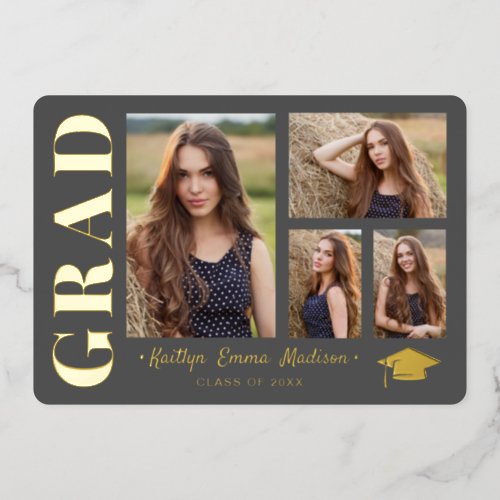 4 Photo Collage Gray  Gold Foil Grad Card