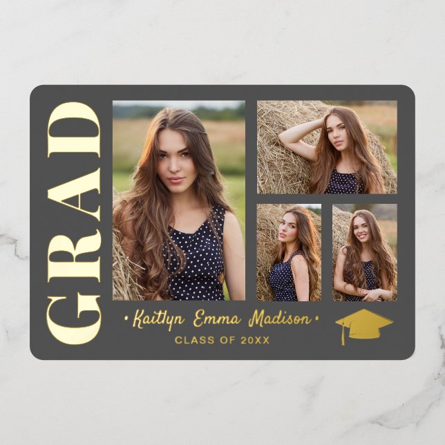 4 Photo Collage Gray & Gold Foil Grad Card (Front)