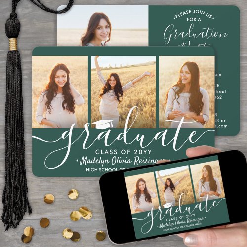 4 Photo Collage Green and White Graduation Party Invitation