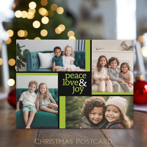 4 Photo collage green black Peace Love Joy Holiday Postcard