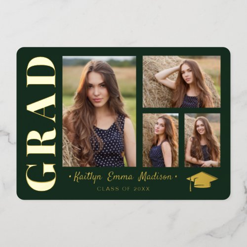 4 Photo Collage Green  Gold Foil Grad Card