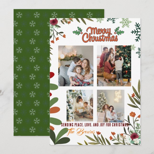 4 Photo Collage Green Holiday Card Merry Christmas (Front/Back)