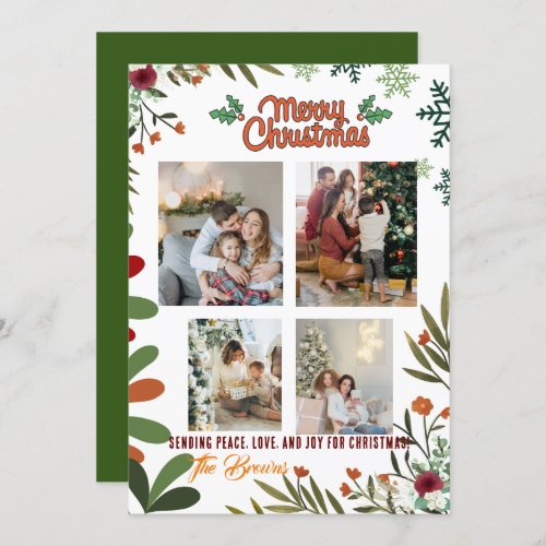 4 Photo Collage Green Holiday Card Merry Christmas