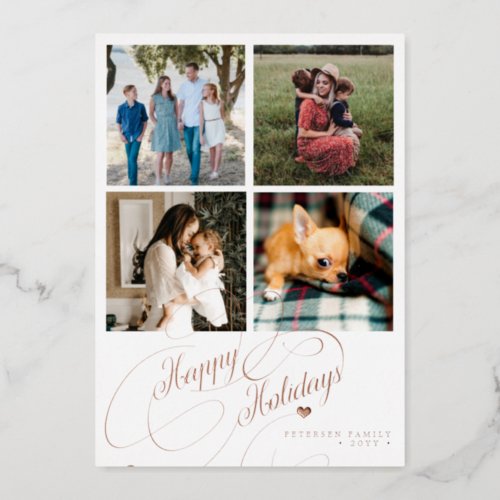 4 photo collage Happy Holidays elegant script Foil Holiday Card