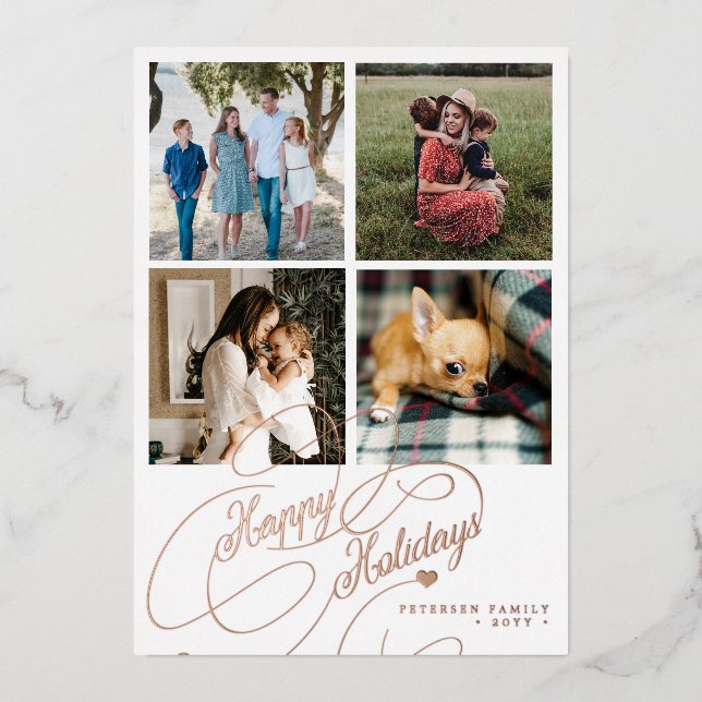 4 photo collage Happy Holidays elegant script Foil Holiday Card (Front)