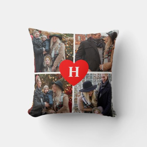 4 Photo Collage Heart Monogrammed Throw Pillow