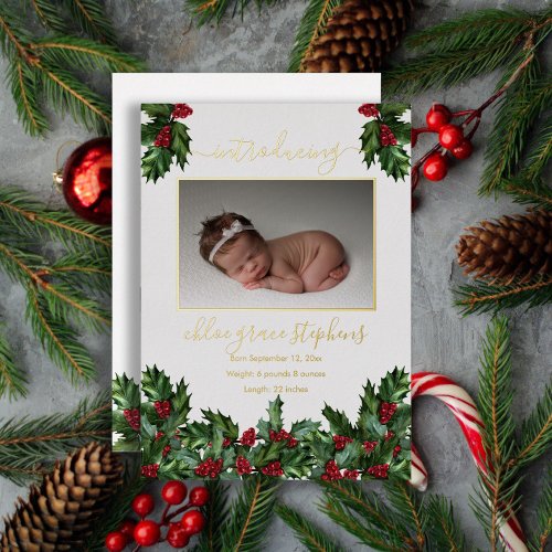 4 Photo Collage Holly Berries Birth Announcement 
