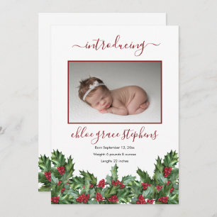 4 Photo Collage Holly Berries Girl Birth Announc Announcement