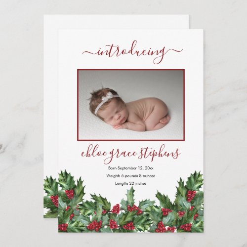 4 Photo Collage Holly  Berries Girl Birth Announc Announcement