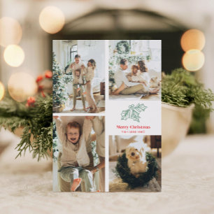 4 Photo Collage Holly Berries Letterpress Photo Cards