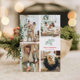 4 Photo Collage Holly Berries Letterpress Photo Cards