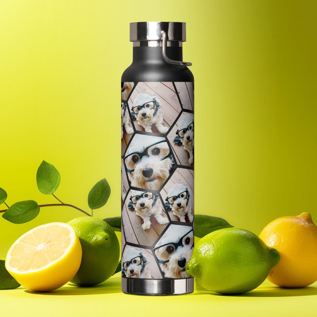 4 Photo Collage Honeycomb All Over Pattern Photos Water Bottle (Personalized water bottle with an all over photo collage)