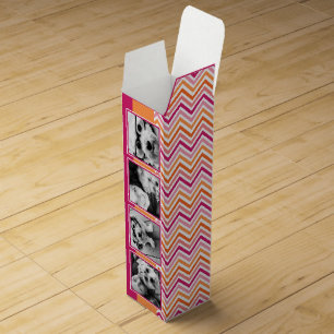 4 Photo Collage Hot Pink Orange Chevrons Wine Gift Box