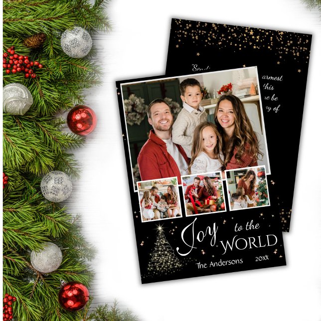 4 photo collage Joy to the world  black Christmas Holiday Card (Front/Back )