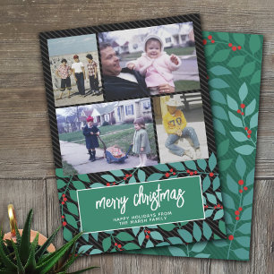 4 Photo Collage - Merry Christmas Botanical Black Holiday Card