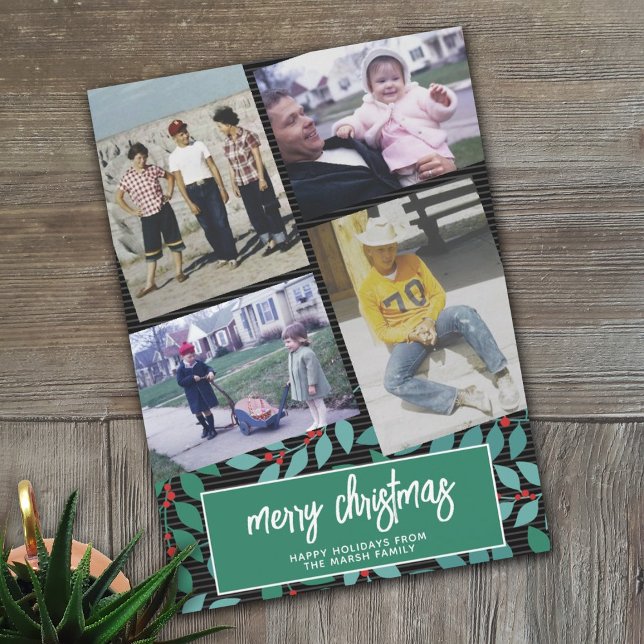 4 Photo Collage - Merry Christmas Botanical Black Holiday Card (Creator Uploaded)
